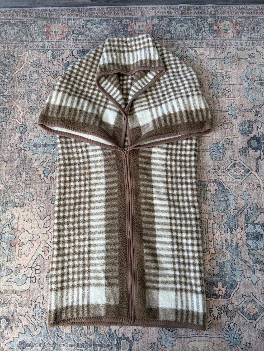 Vintage Brown and Cream Plaid Zip-Front Throw Cape